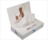 promotional tissue box with flap and filled with 50 tissues 2-ply or app. 35 tissues 3-ply